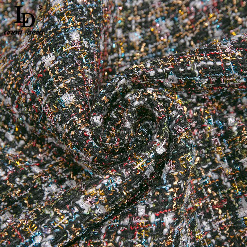 

LD LINDA DELLA 2021 Summer Elegant Tweed Mini Dress Women Runway Elegant Mesh patchwork Print Long sleeve Vintage Party Dress