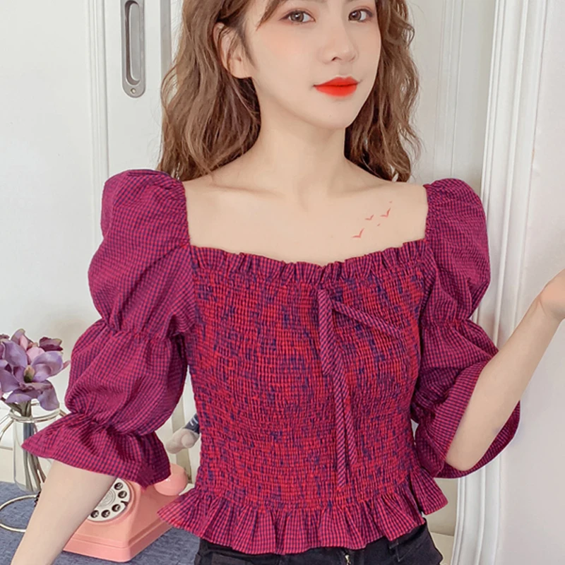 

Блузка женская в клетку, с коротким рукавом, эластичной талией