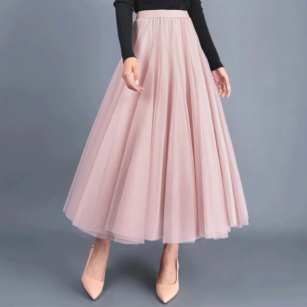 

2021 Autumn Winter Vintage Tulle Skirt Women Elastic High Waist Mesh Skirts Long Pleated Tutu Skirt Female Jupe Longue