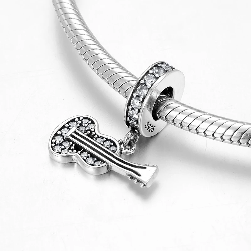 New 925 Sterling Silver Like music guitar shape CZ Charm Pendant beads for Jewelry making Fit Original LYNACCS Bracelet Bangles |