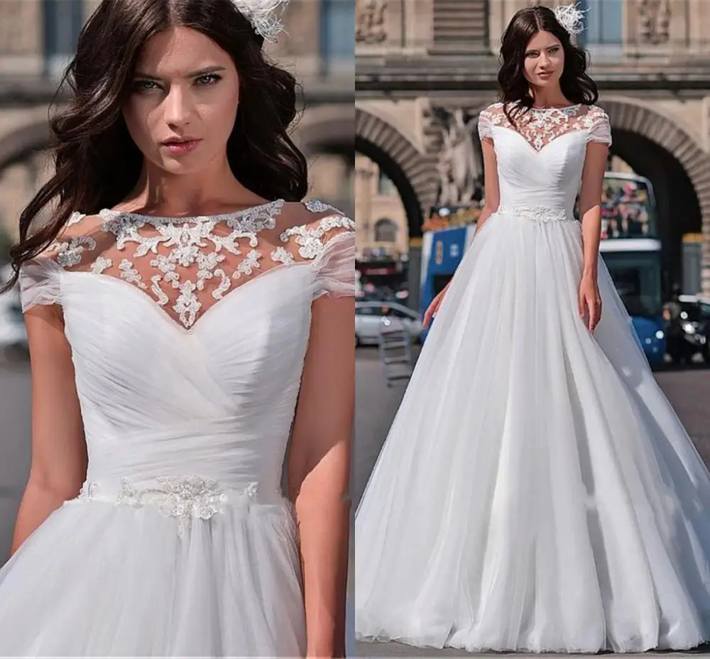 

New A-line Wedding Dresses Ruched Tulle Short Sleeves Bridal Dress Appliques Beads vestido de mariage