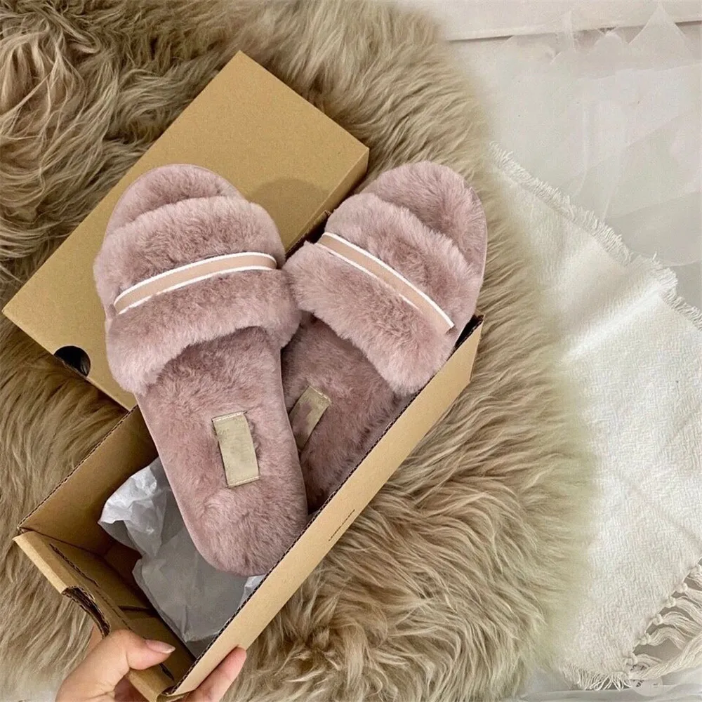 

New Designer Brand Winter Women Fur Slipper Flat Heel Slip On Casual Flip Flop Ladies Casual Warm Fluffy Green Slides Shoes