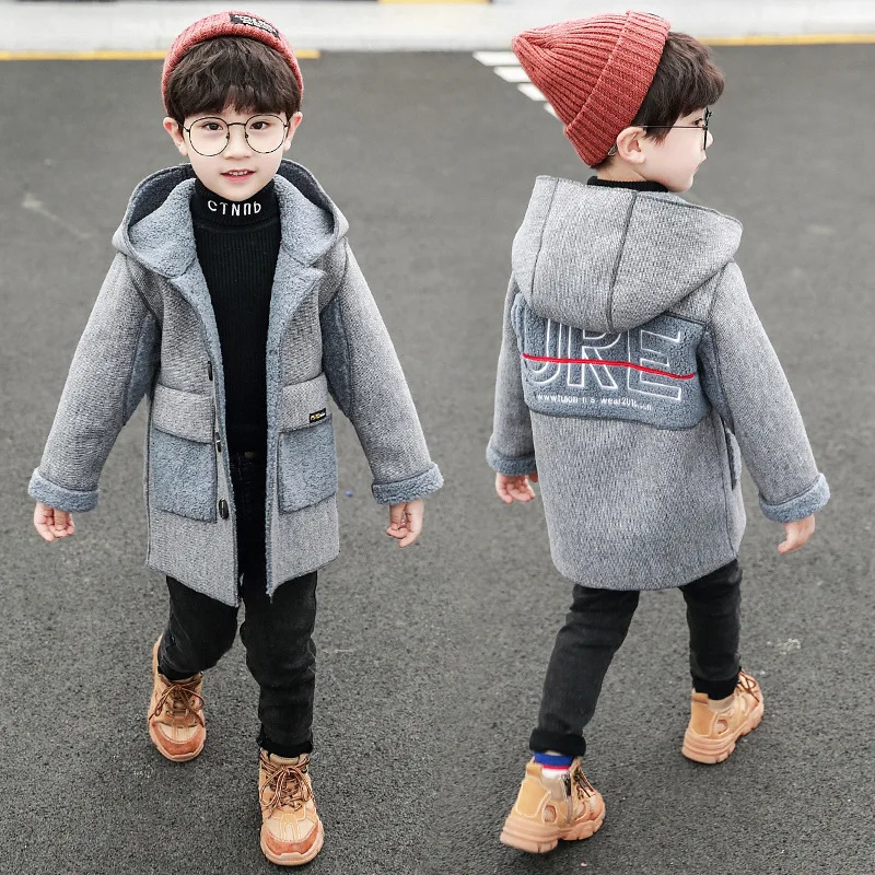 New Year Costume For Boy Children's Woolen Coat Kids Suede Windbreaker Thick Fashion Boys Wool Jacket Medium and Long Section |