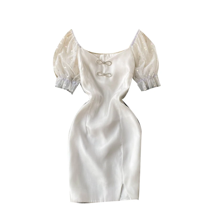 

Spring European American Age Reduction Vestidos Female V-neck Bowknot Puff Sleeve Slim Slimming Hip Mini Dress C702