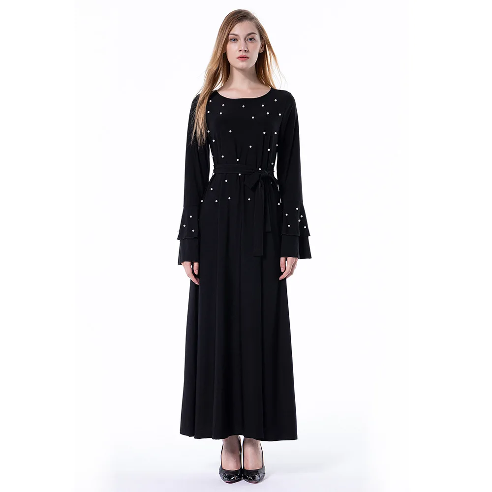 

Muslim Derss Muslim Fashion Multi-layered Flared Sleeves Bead Belt Thin Long-sleeve Dress Dubai Abaya Turkey Eid Robe Donsignet