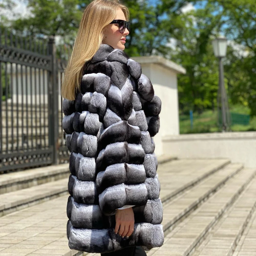 Fashion Chinchilla Color Real Rex Rabbit Fur Coat with Turn-down Collar High Quality Genuine Rex Rabbit Fur Coats Female Outwear