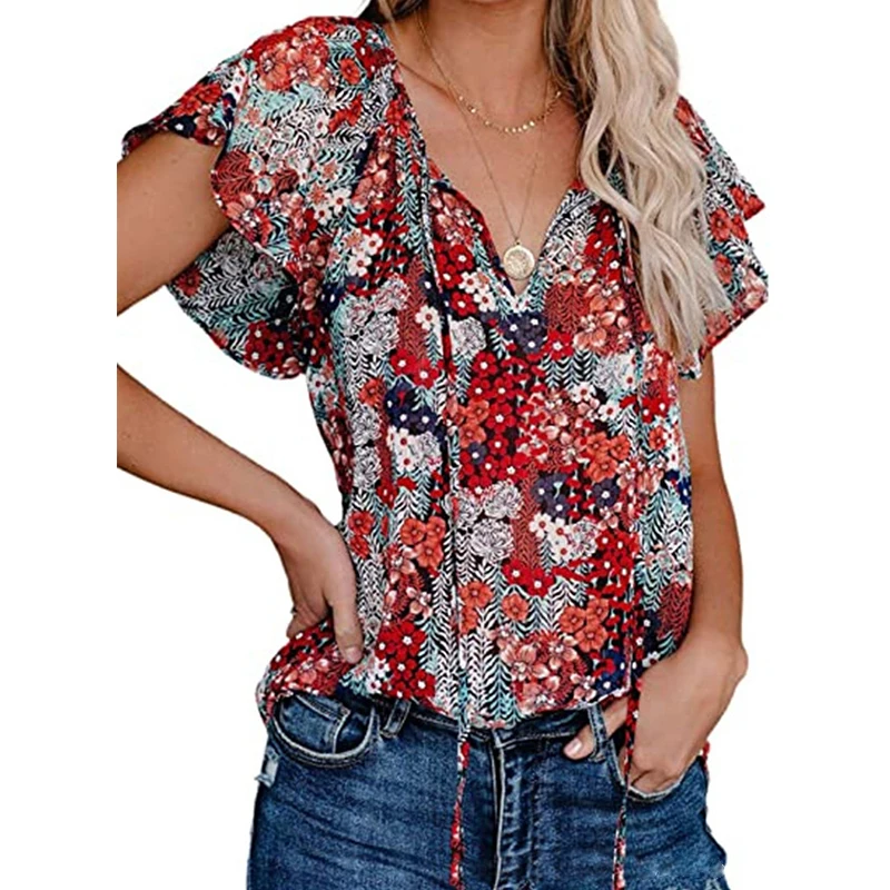 

Fashion Printed V Neck Loose Short-Sleeved Shirt All-Match Comfortable Top Summer Clothes For Women Ladies Tops Outerwear