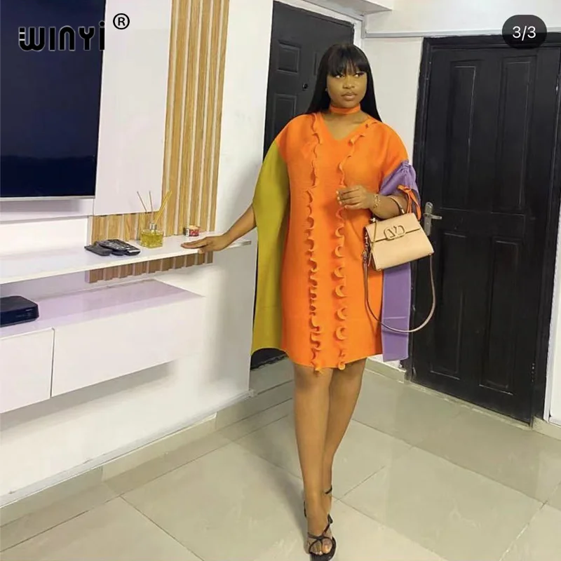 

Miyake Pleated Lantern Bat Sleeve 2021 Summer New Temperament Stitching V-Neck Fashion Loose Dress WINYI