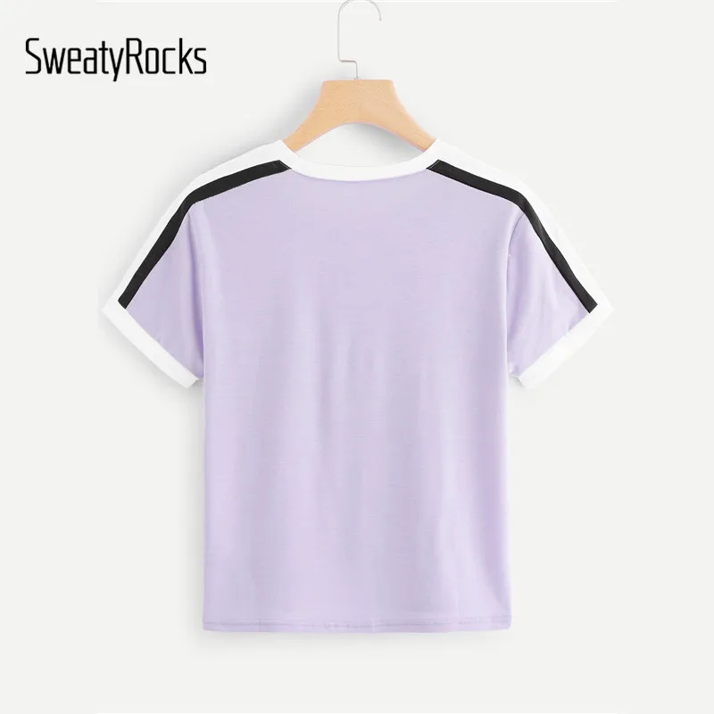 SweatyRocks Фиолетовый Круглый вырез Ringer тройник уличный с короткими рукавами Боковые Полосатые безрукавки летняя повседневная одежда для активного отдыха женские футболки