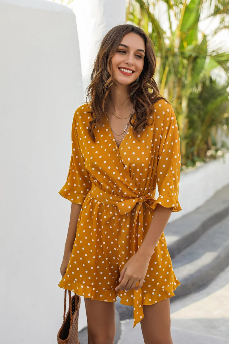

The New Summer Design of 2021 Minority Temperament Commuter Waist Tie Belt V-neck Wave Dot Horn Sleeve One-piece Shorts