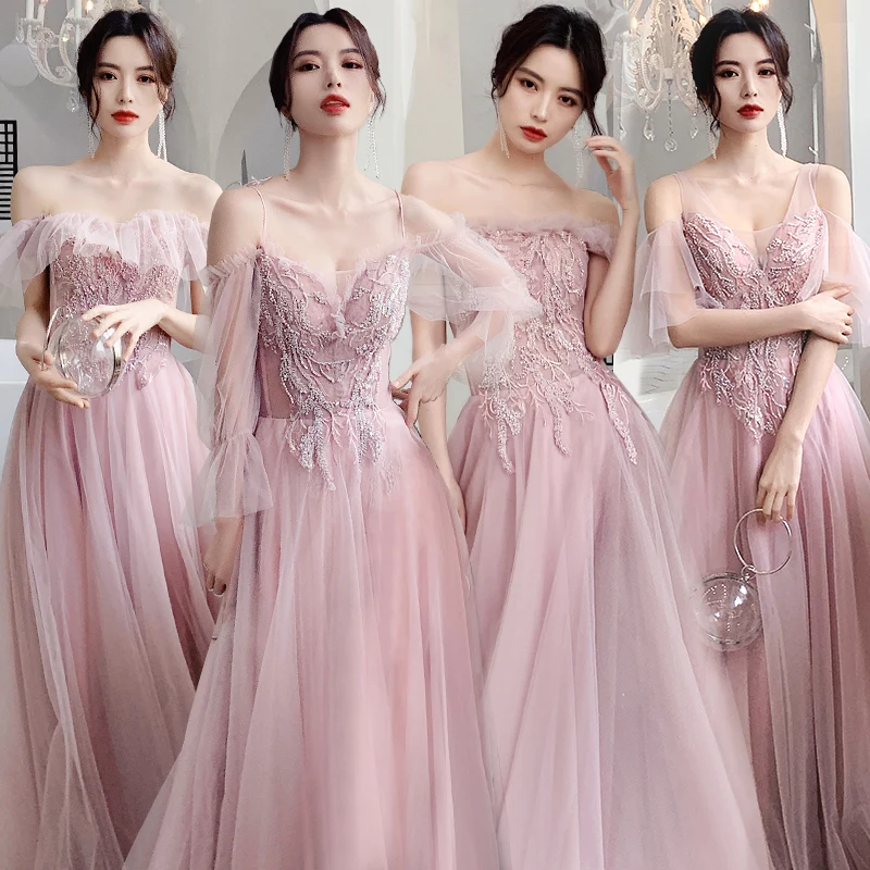 

Bridesmaids Dresses Illusion Beading A-Line O-Neck Sequined Embroidery Lace Tulle Off The Shoulder Lady Wedding Party Dress E062
