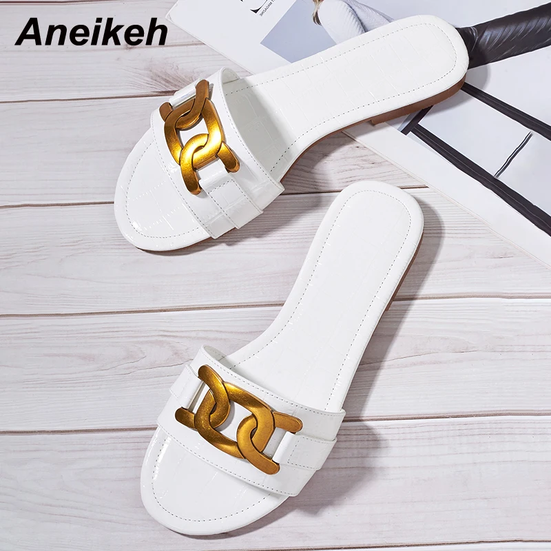 

Летние модные однотонные женские тапочки Aneikeh, лаконичные ПУ, Алмазный сетчатый металлический декор, открытый носок, плоский каблук, женски...