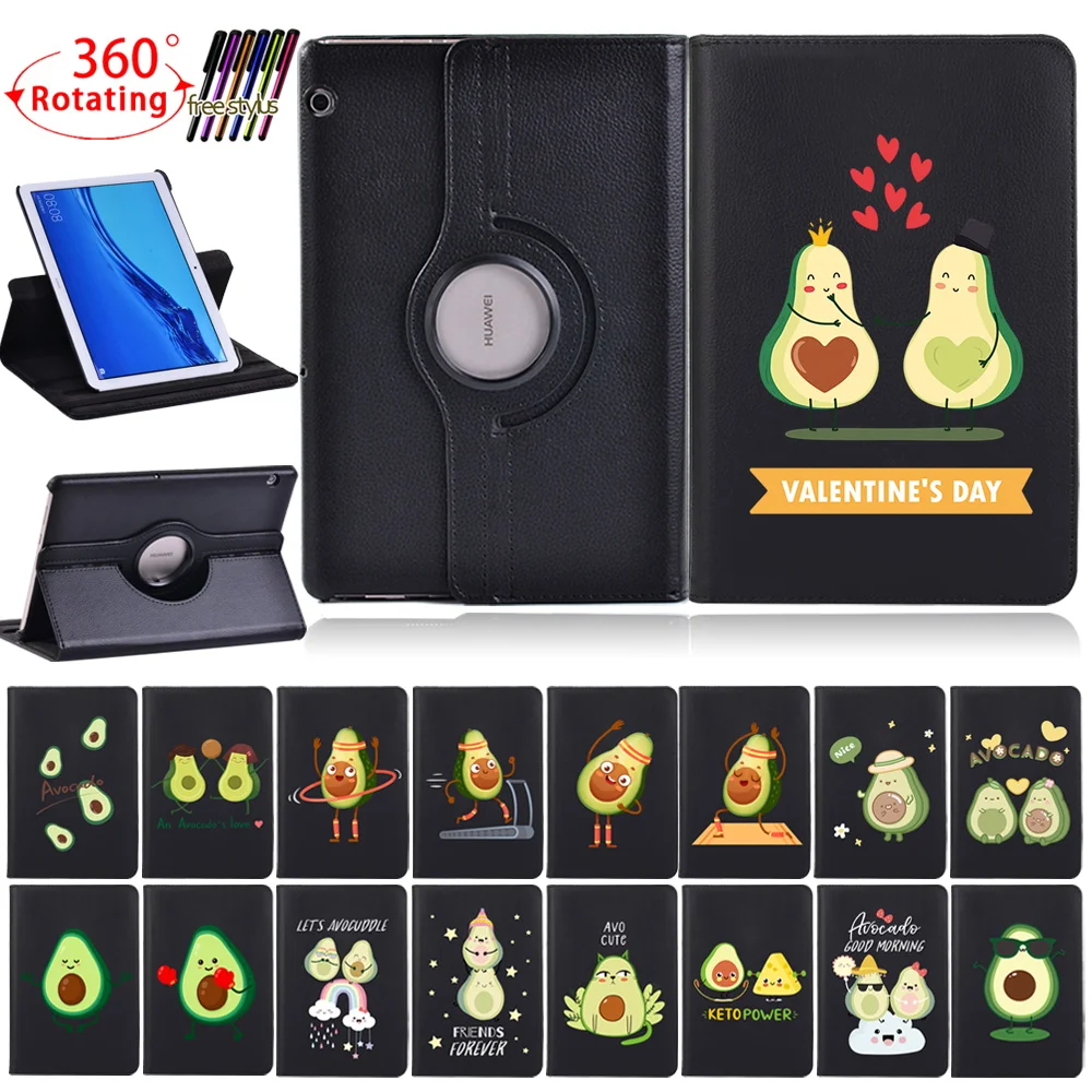 

360 Rotating Leather Stand Tablet Case for Huawei MediaPad T3 10 9.6"/T5 10 10.1" Avocado Fruit Series Protective Cover+ Stylus