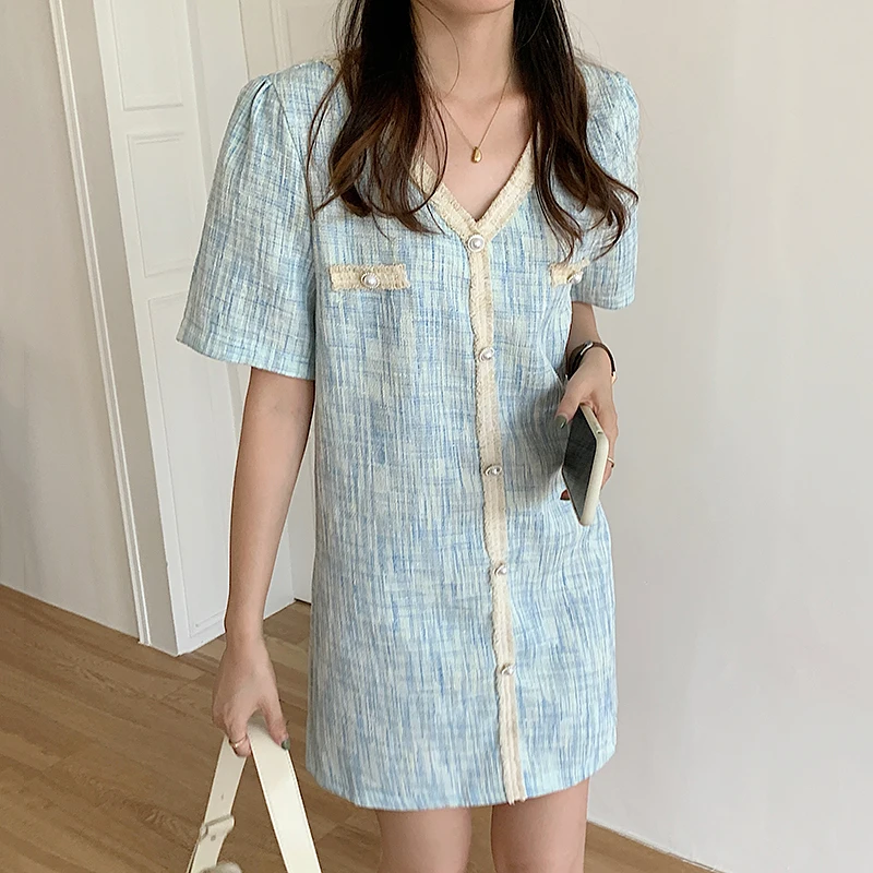 

Korejpaa Women Dress 2021 Summer Fashion Elegant Temperament Edging V-neck Texture Design Loose Pearl Single-breasted Vestidos