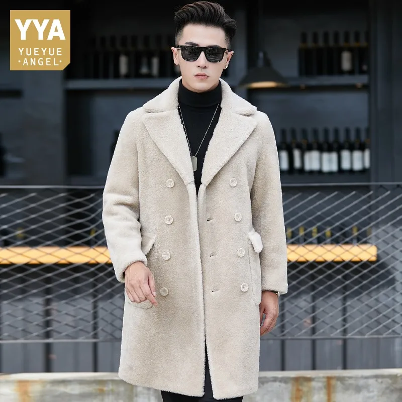 Зимняя мужская двубортная длинная куртка из натурального меха приталенное