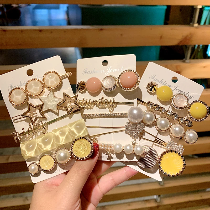 

5pcs/Set Women Girls Elegant Pearls Geometric Hairpins Sweet Headband Hair Ornament Clips Barrettes Ins Fashion Hair Accessories