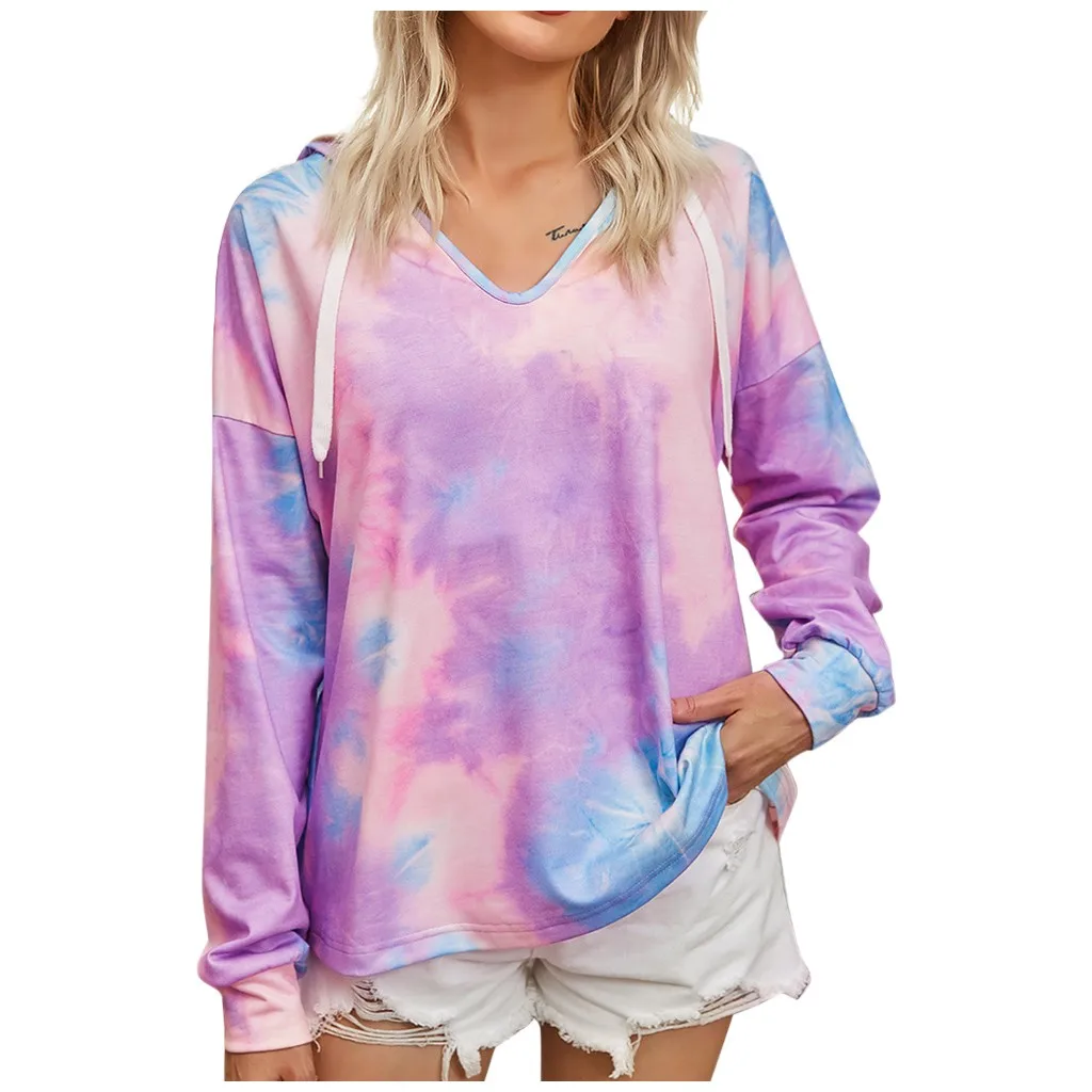 Корейский Галстук Краситель Толстовка для женщин осень карманы с длинным