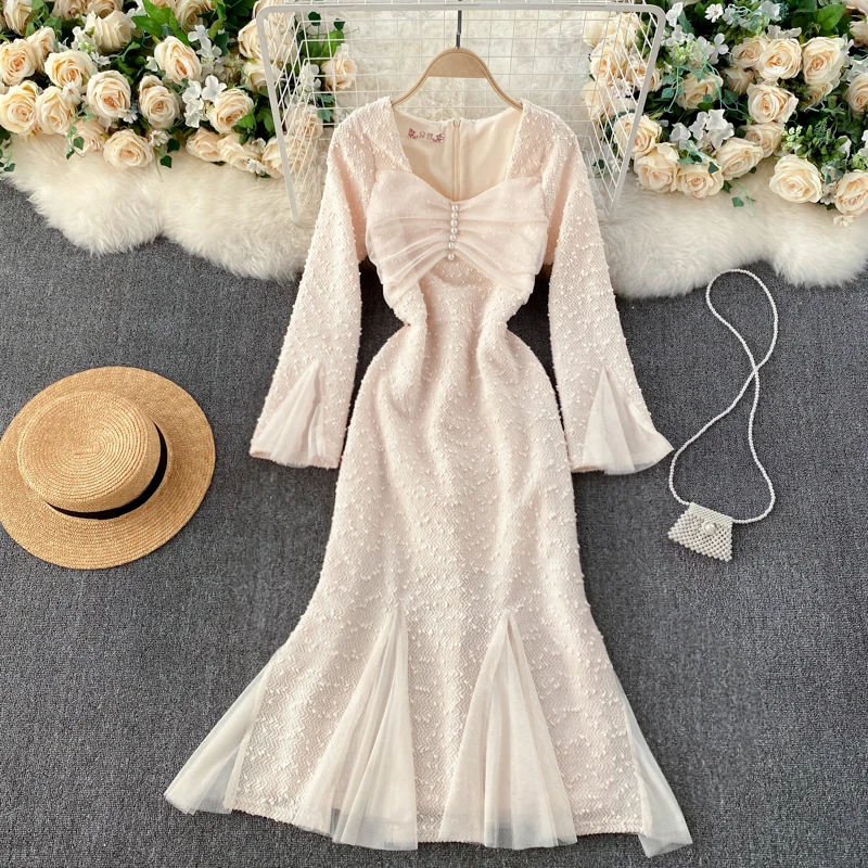 

New Christmas Party Dresses Ruffles Lace Patchwork Bead Sexy Mermaid Long Sleeve Women Vestidos Bodycon Long Celebrating-Dress