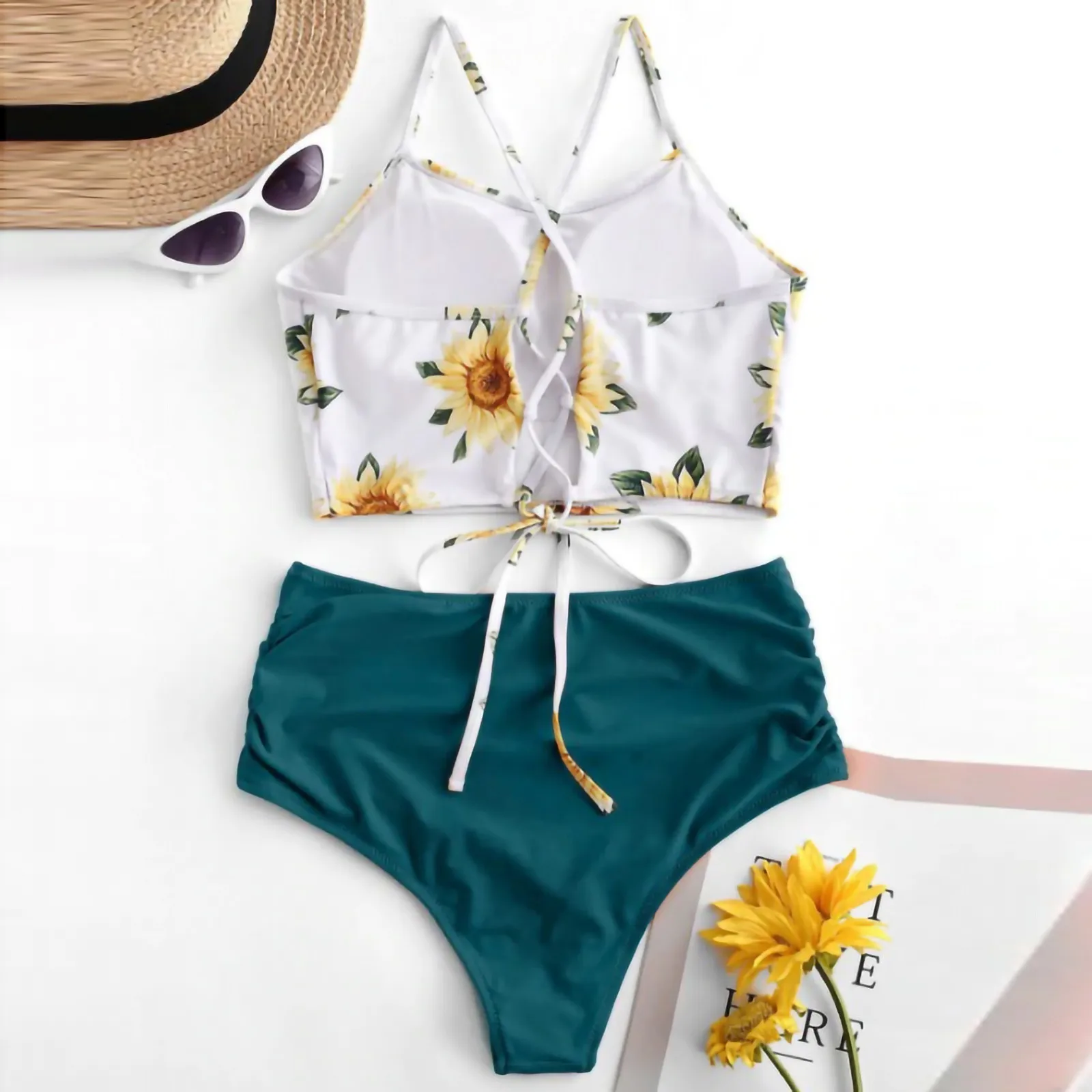 Купальник женский с высокой талией классический бандажный бикини однотонный