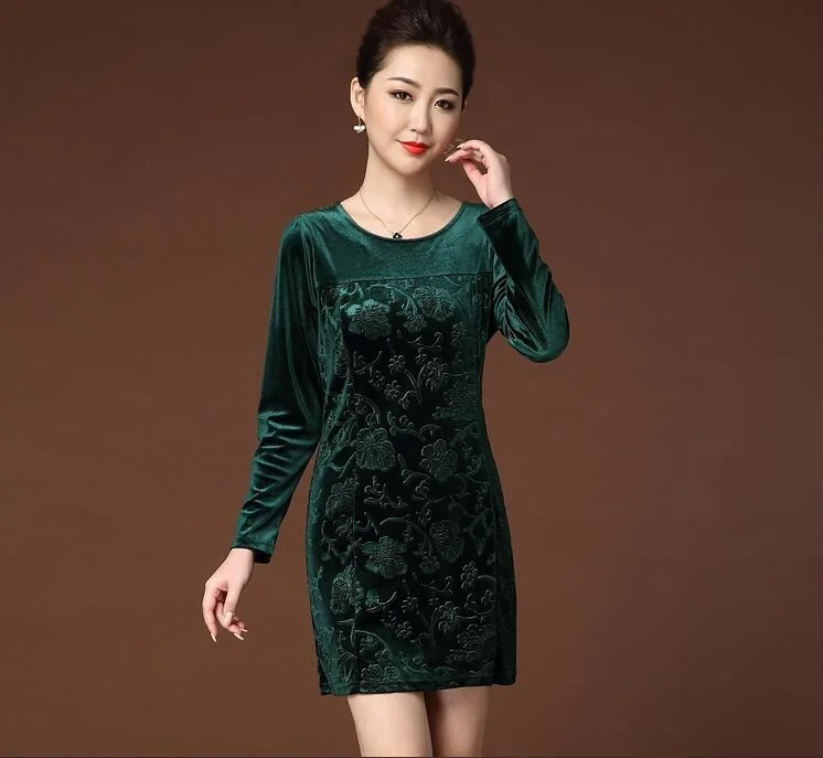 2019 Новое Осеннее бархатное платье больших размеров для женщин среднего возраста