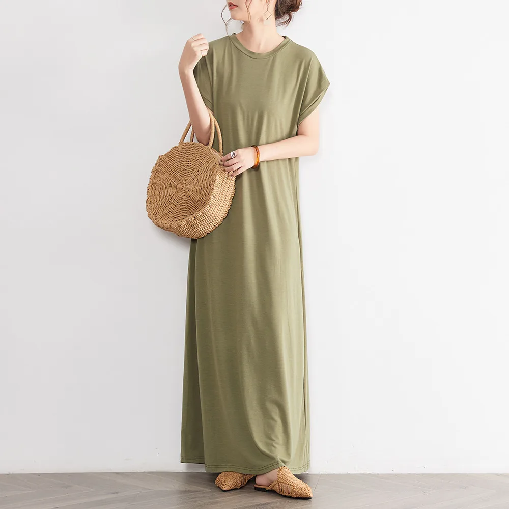

Japanese Fashion Woman Long Dress 2021 New Style Summer Casual Solid Color O-neck A-Line Short Sleeve Plus Size Indoor Dresses
