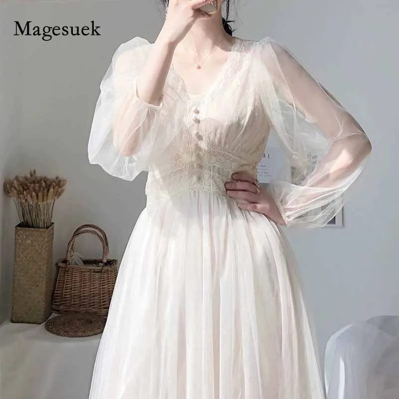 

High Waist V-Neck 2021 Fashion Spring Puff Sleeve Dresses Lace Mesh A-Line Elegant Button White Dress Women Vestidos 8126 50