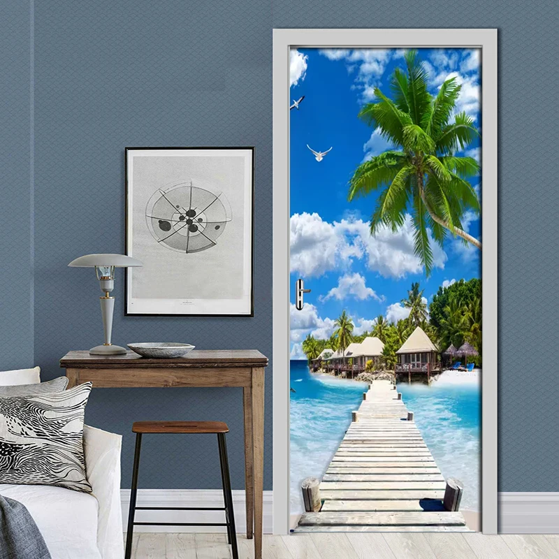 

Maldives Coconut Tree Seascape Wallpaper Pvc Waterproof Self-Adhesive Door Sticker Living Room Door Decor Mural Papel De Parede