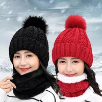 50 hot sales women autumn winter warm cold proof outdoor scarf shawl knitted hat beanie set