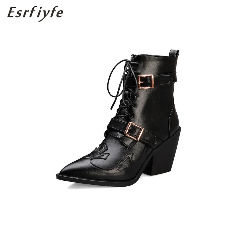 ESRFIYFE 2020 Новинка Cowgirl модные женские туфли на блочном каблуке лодочки шнуровке