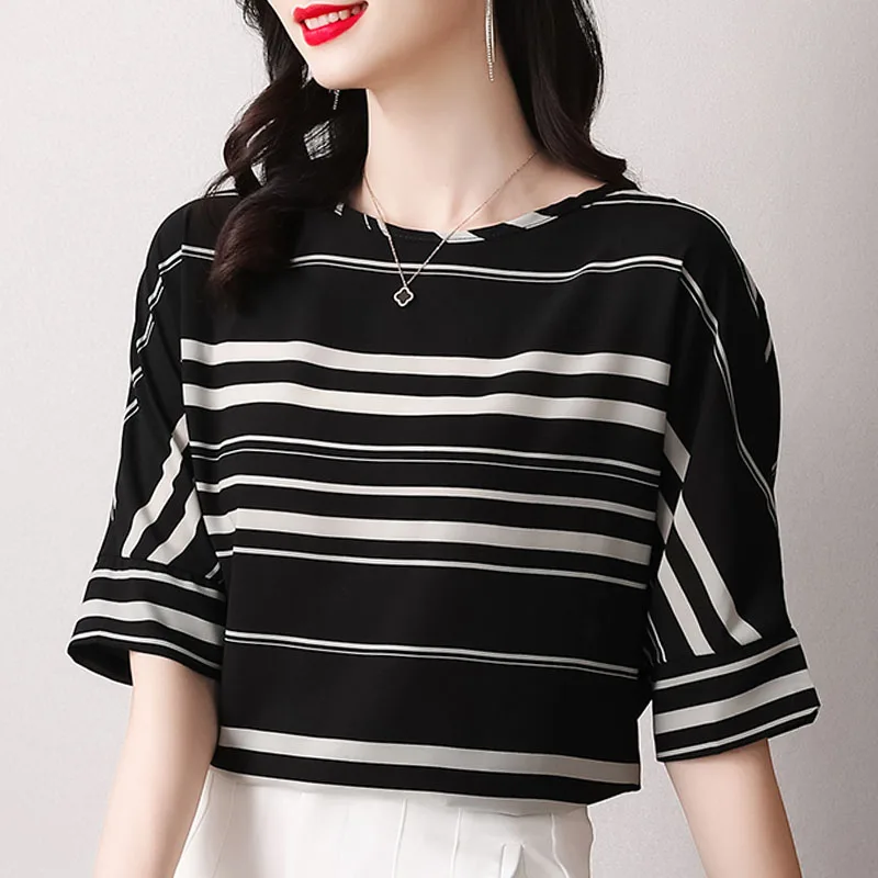 Женская шифоновая рубашка летний топ в полоску с коротким рукавом модная женская