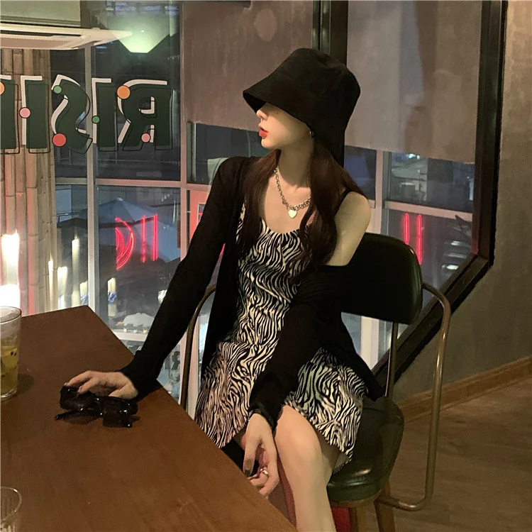 spring 2021 new Korean zebra suspender skirt middle versatile slim dress women |
