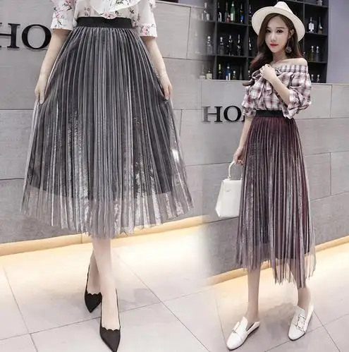 Летняя женская длинная Плиссированная юбка элегантные однотонные ретро юбки