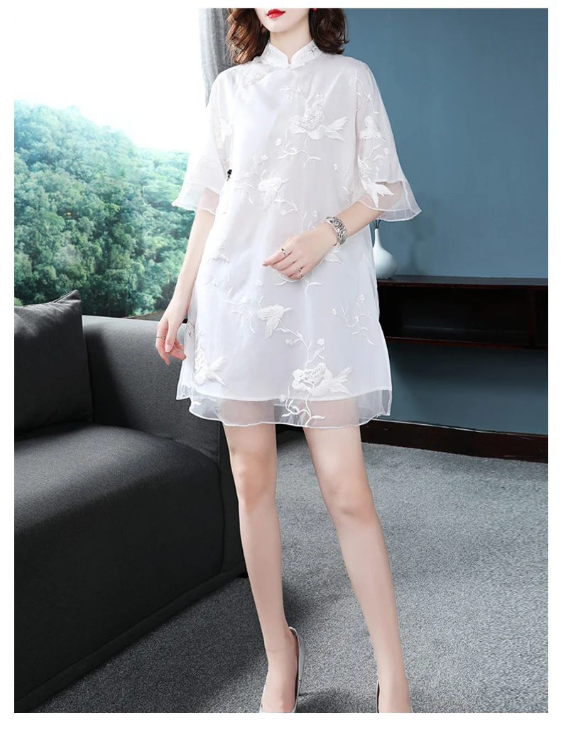 Цветочная вышивка cheongsam рубашка qipao Топ Половина рукава Китайский традиционный Топ Блузка для женщин кружевной Шелковый китайский топ