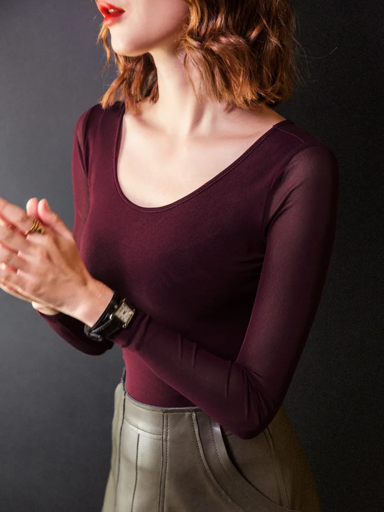 

Women Solid color T-shirt O-Neck Long Sleeve All match Lady Top Elegant women