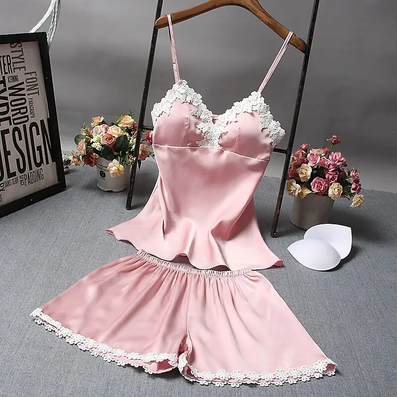 

Women Silk Sleepwear Sleeveless Strap Nightwear Summer Lace Trim Satin Shorts Pajama Sets Femme Sexy Lingerie Pyjamas Women