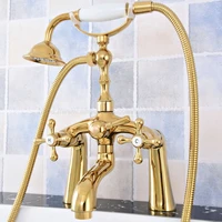 luxury gold color brass deck mounted shower bathroom tub faucet dual handles w hand shower sprayer ztf778