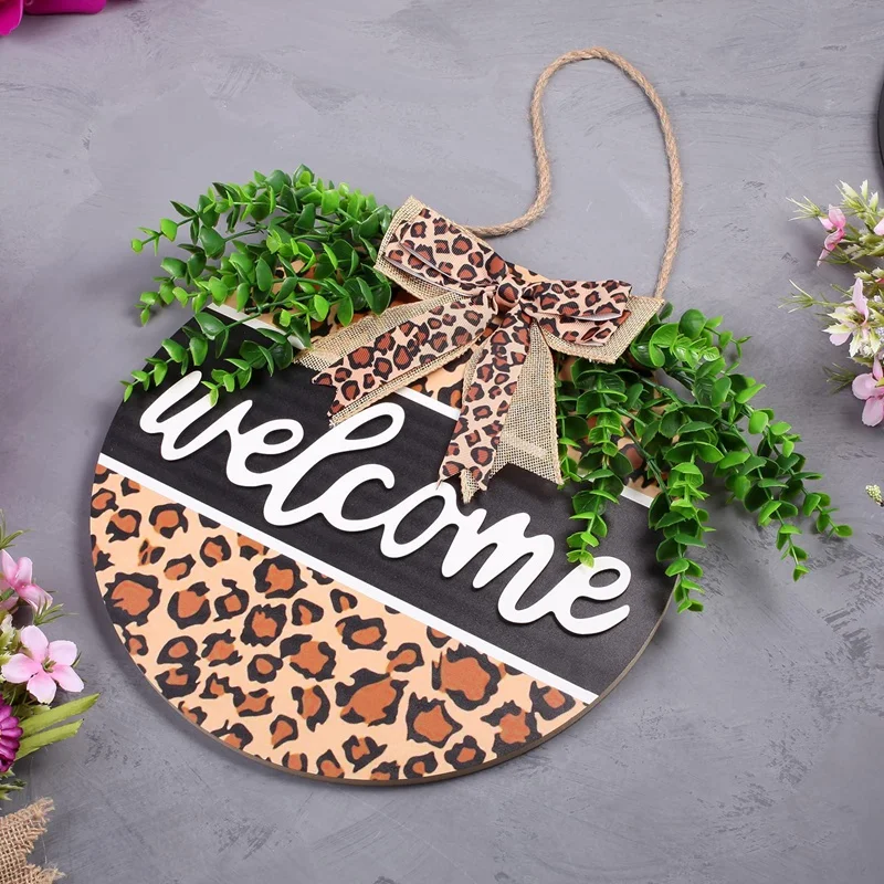 

Welcome Sign for Front Door Rustic Wooden Wreath Door Hanging Leopard Outdoor Farmhouse Welcome Home Signs Porch Decor