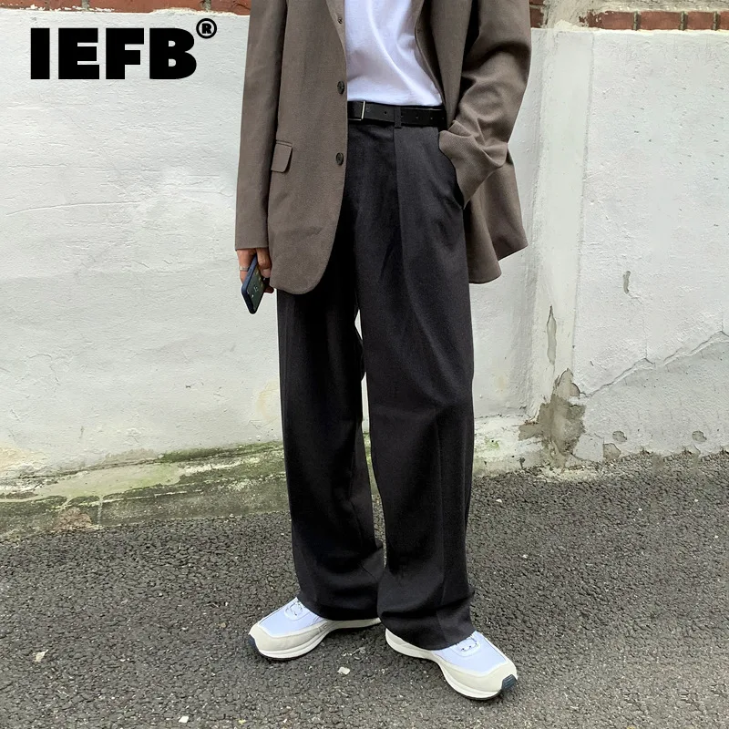 

Мужские костюмные брюки IEFB, новинка 2021, корейские трендовые брюки с широкими штанинами, Осенние прямые длинные брюки, свободные повседневны...