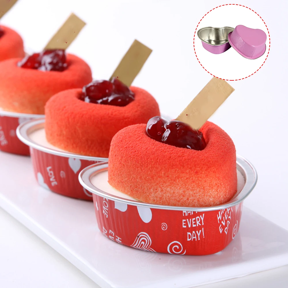 

10PCS Heart-Shaped Aluminum Foil Baking Cake Tin Cup High Temperature Cheese Box Mousse With Cover Bakware Accesories