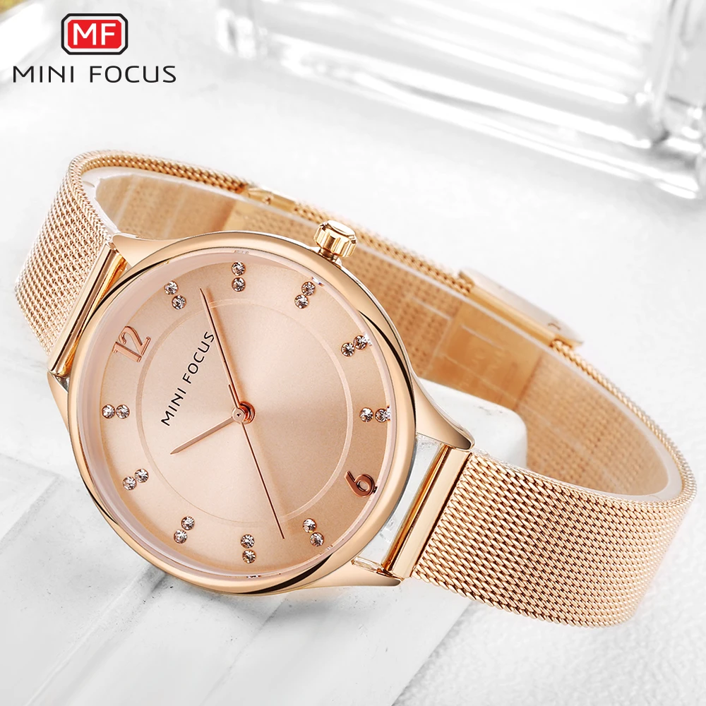 Женские кварцевые часы с сетчатым ремешком элегантные цвета розового золота