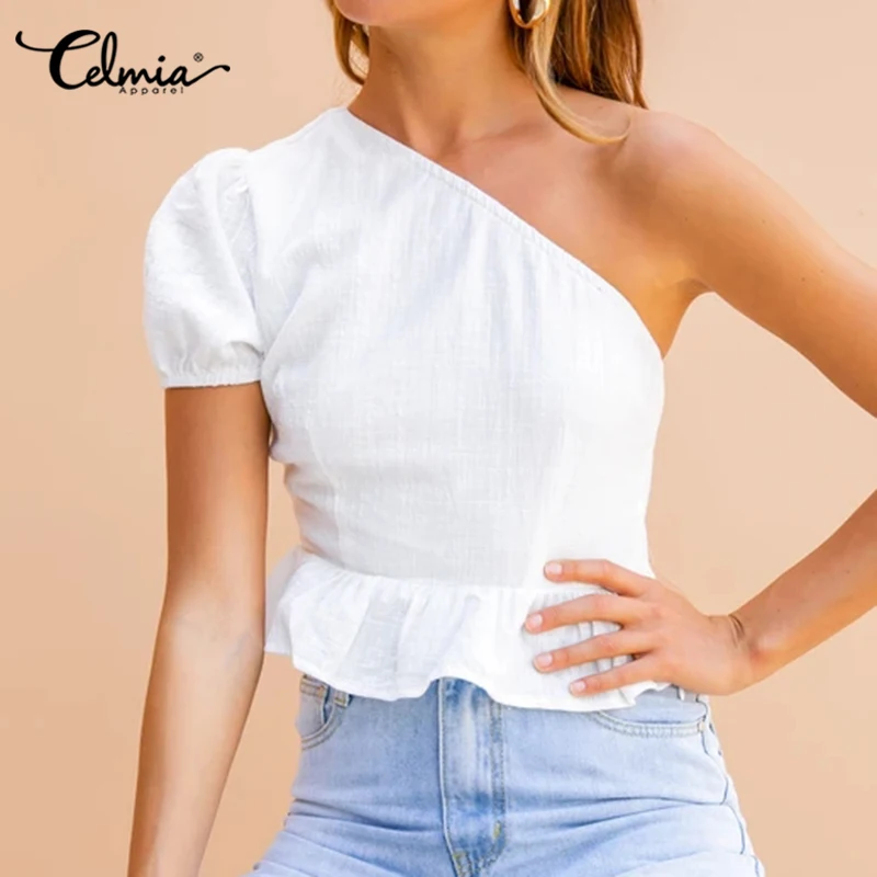 

Celmia 2022 Summer Fashion Sexy One Shoulder Tops Women Shirts Casual Short Sleeve Ruffles Blouses Elegant Party Blusas Feminina
