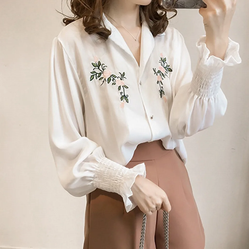 Новинка 2019 летняя рубашка женская блузка с вышивкой цветочные свободные к низу