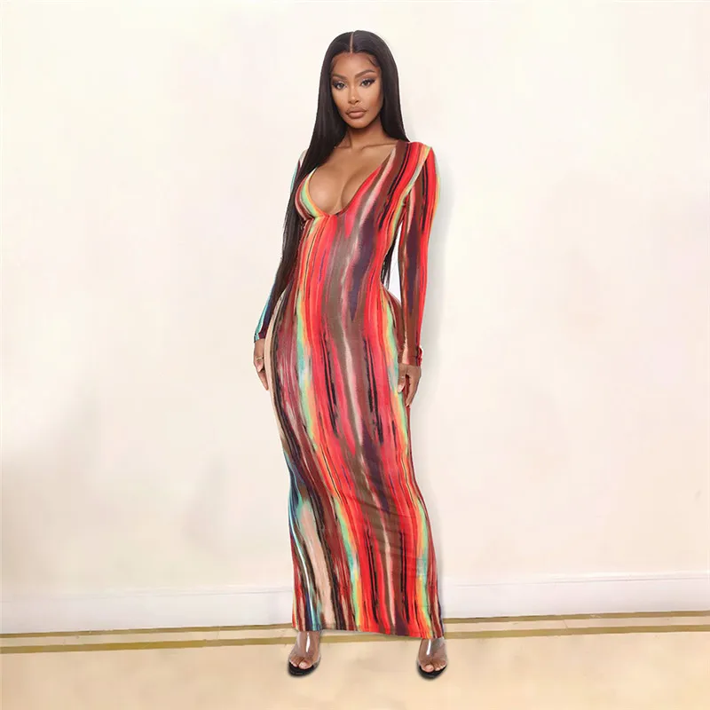 

CHRONSTYLEMulticolor Tie Dyeing Print Striped Dress 2021 Sexy Women Long Sleeve Deep V-neck Fall Autumn Bodycon Long Maxi Dress