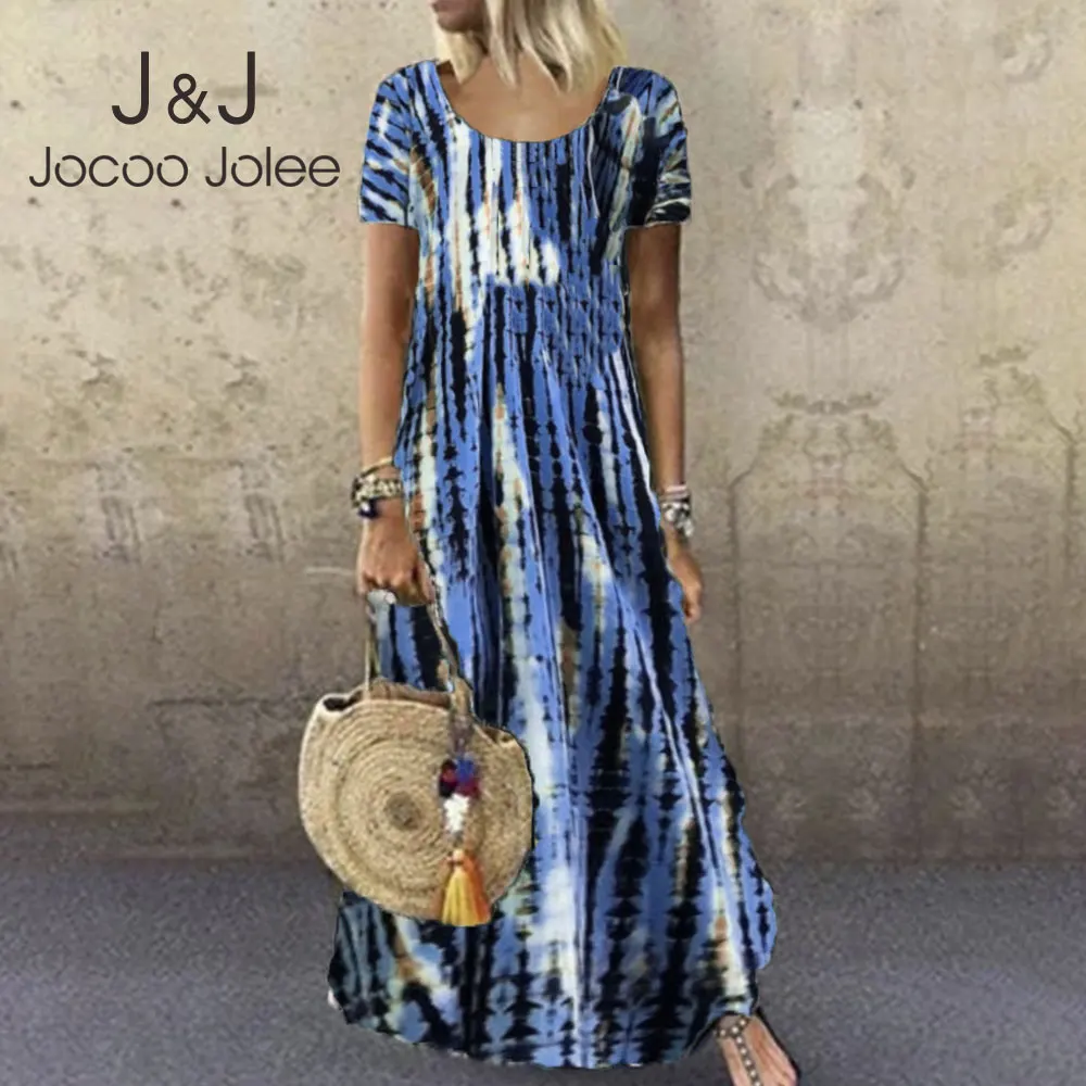 

Jocoo Jolee Casual Summer Short Sleeve O Neck Tie Dye Loose Maxi Dress Vintage Y2K Long Dress Elegant Oversized Robe 2021