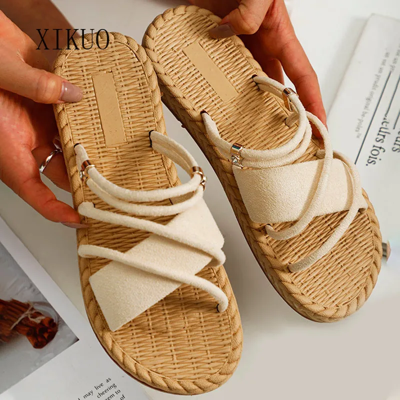 

Women's Slippers Fashion Women's Sandals Summer Flat Shoes Cross Narrow Belt Non-slip Soft Floor Flocking Casual Slippers 2021