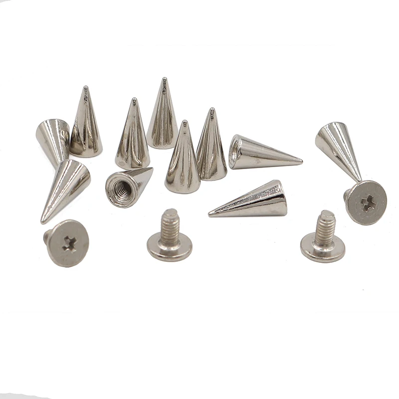 

100sets 6x12.5mm Silver Punk Spike Cone Spots Metal Studs Leathercraft Rivets Bullet For Clothes Bags Belt Pet Collars