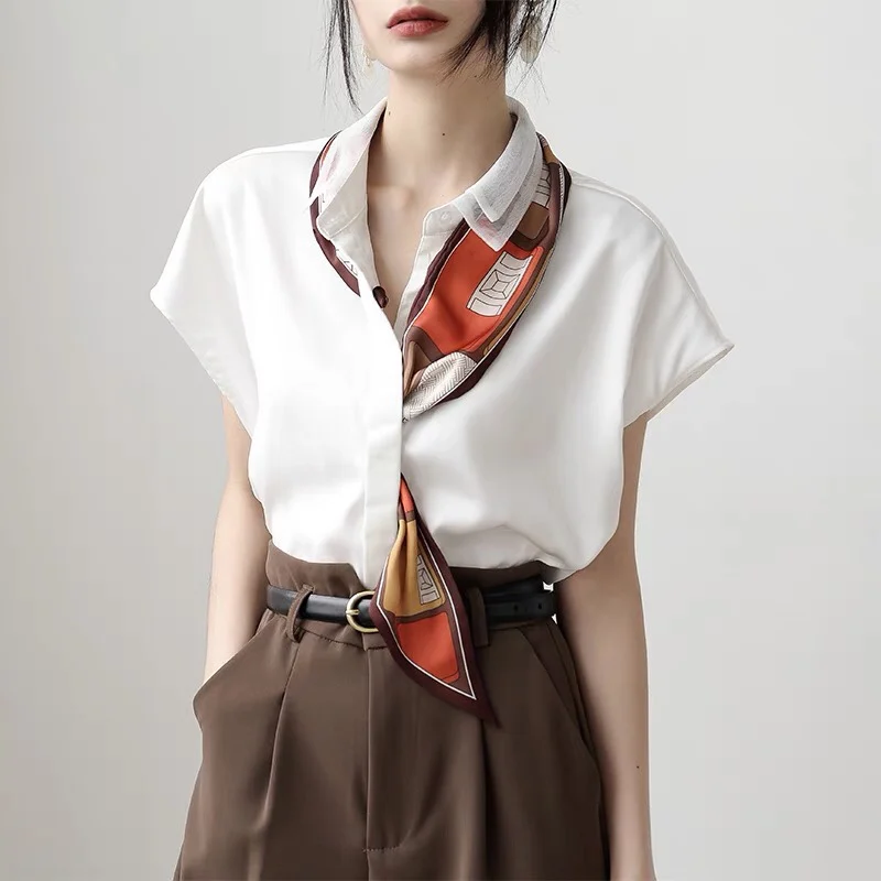 

French Elegant White Women Blouse with Tie Business Chiffon Shirt Female Design Scarf Collar Short Sleeve Tops 2022 Summer New