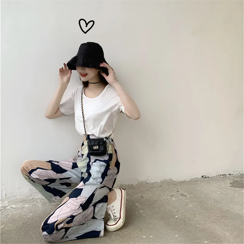 

Simple Abstract Printing Wide Leg Pants For Women 2020 New Spring Summer Fashion Korean High Waist Trousers Pantalon Femme Z116