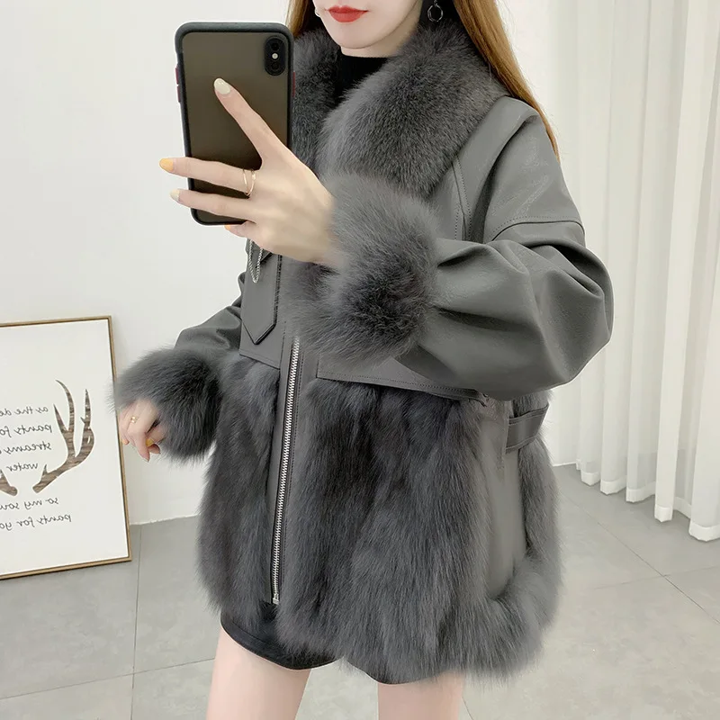 2021 New Fashion Fur Coat Women Winter Warm Fox Fur Collar Natural Sheep Fur Jacket Lady Patchwork Overcoats Luxury Winterwear enlarge