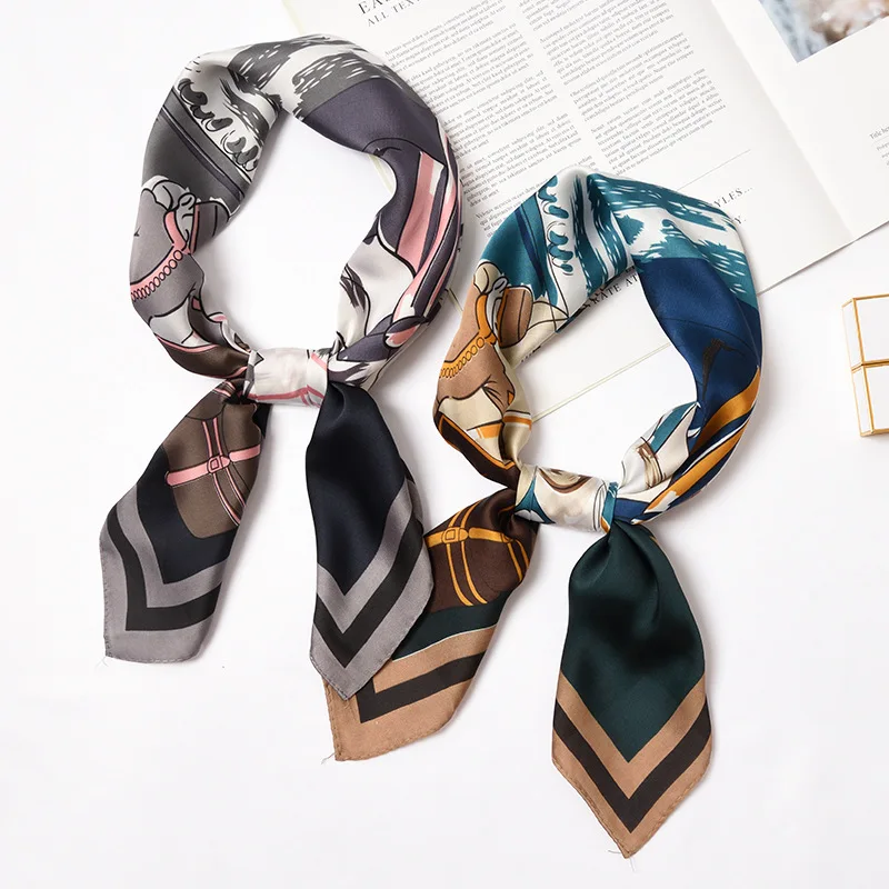 Мягкий шелковый шарф женский квадратный платок с принтом маленькая бандана